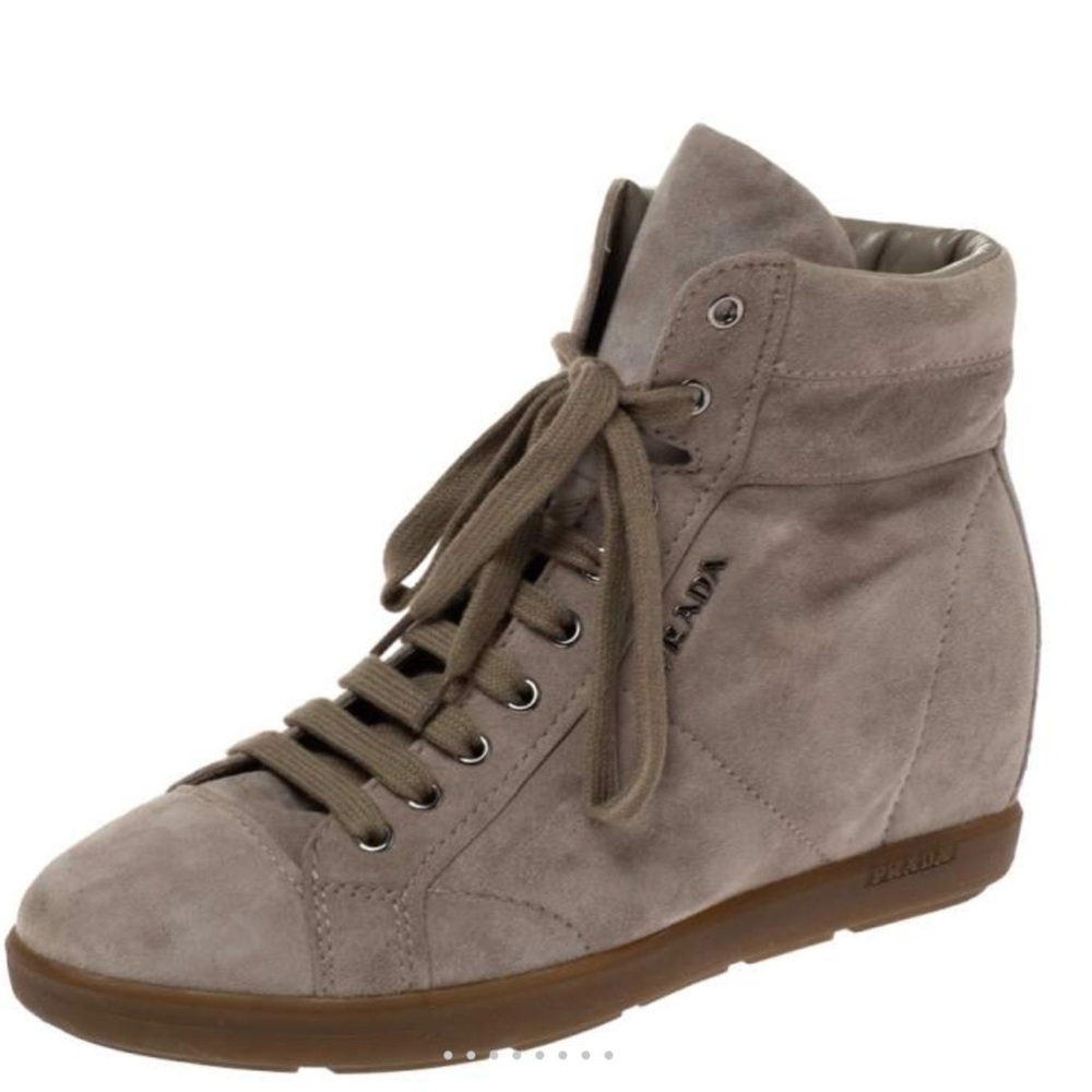Prada Women's Gray Suede wedge High-Top Sneakers - Picture 2 of 8